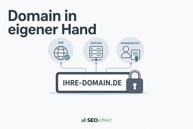 Domain mit Schloss, verbunden mit DNS, Hosting und Inhaberschaft