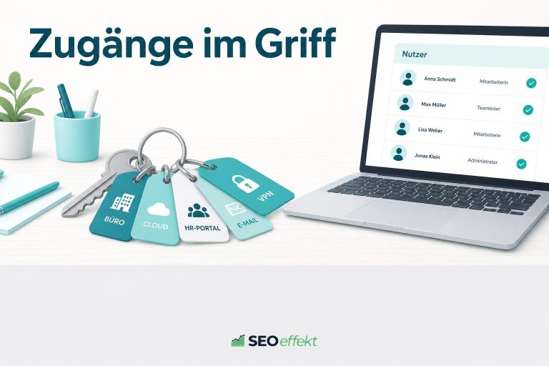 Beschriftete Zugangskarten und Nutzerliste als Symbol für aufgeräumte SEO-Zugänge