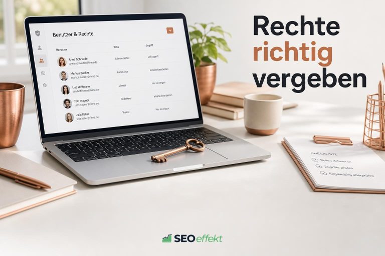 Laptop mit Benutzerliste und Schlüssel als Bild für sichere SEO-Zugänge