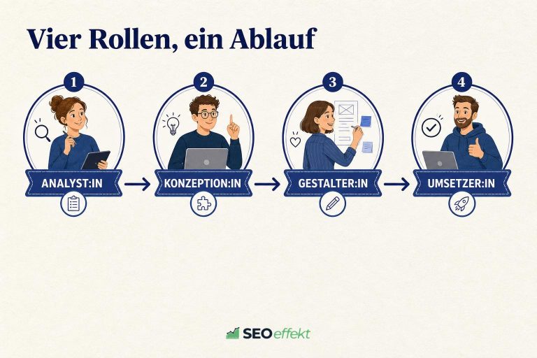 Vier Rollen im SEO-Prozess auf einer klaren Ablauflinie