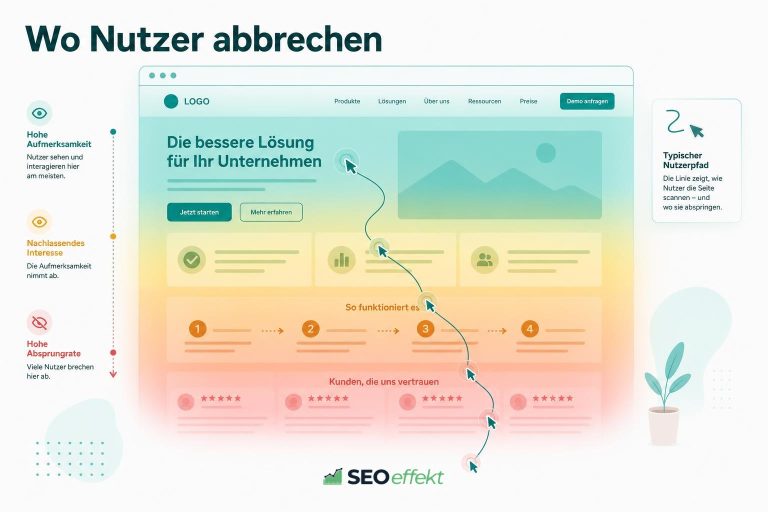 Website-Wireframe mit Heatmap-Verlauf und Nutzerpfad