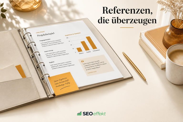 Aufgeschlagener Referenzordner mit Projektbeispiel und Ergebnisgrafik