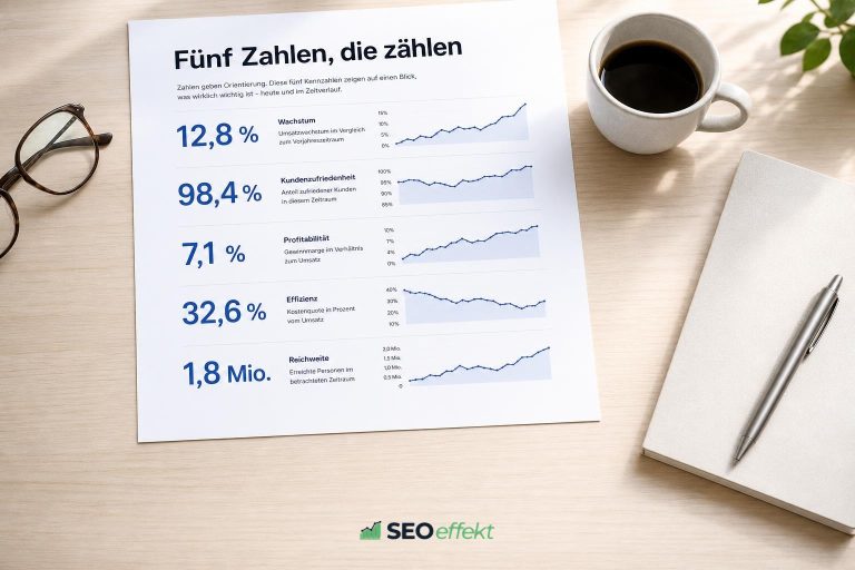 SEO-Report für die Geschäftsführung mit fünf Kennzahlen auf einem Blatt