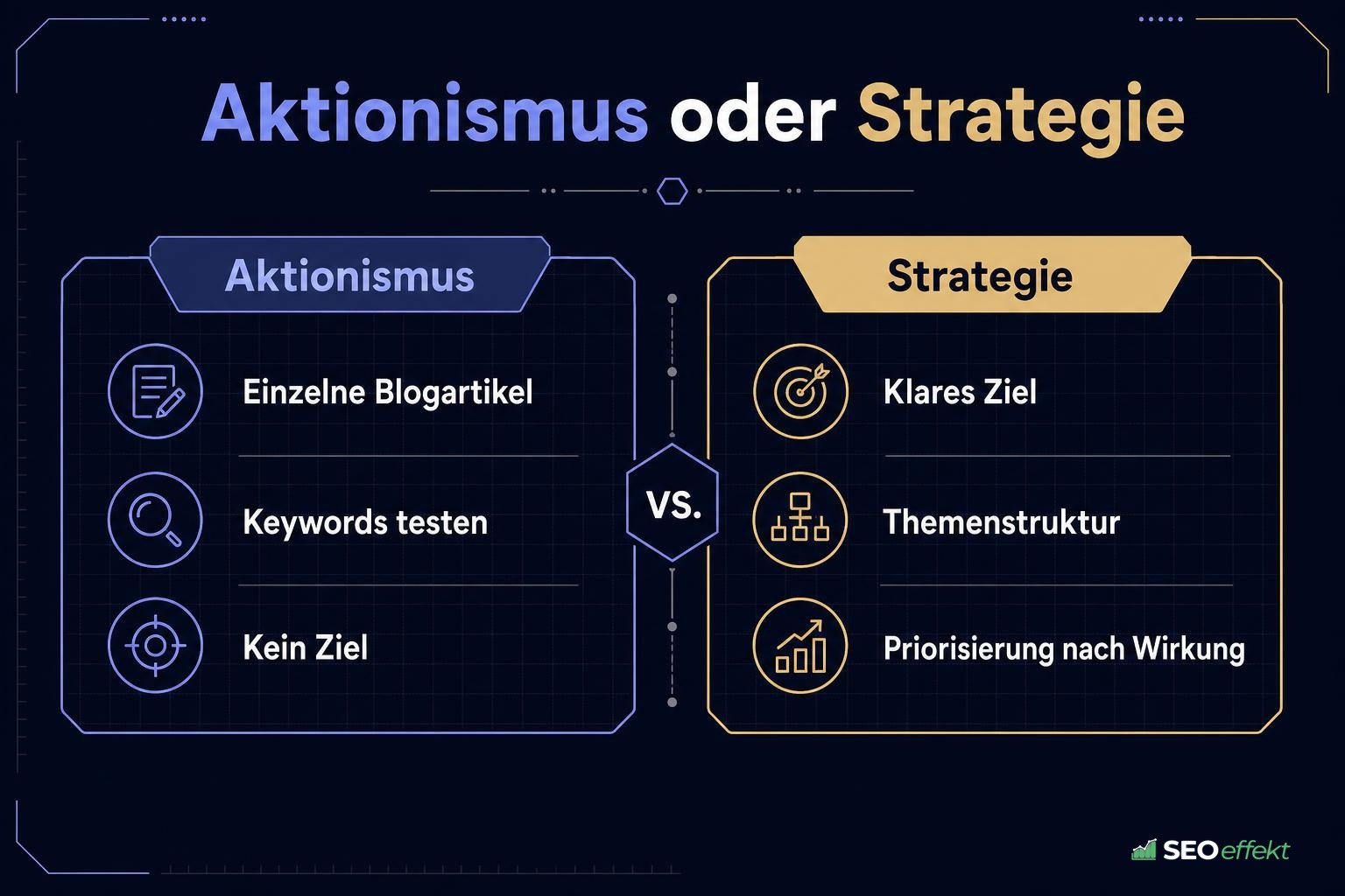 Vergleichsgrafik: Aktionismus gegenüber strategischem SEO-Vorgehen