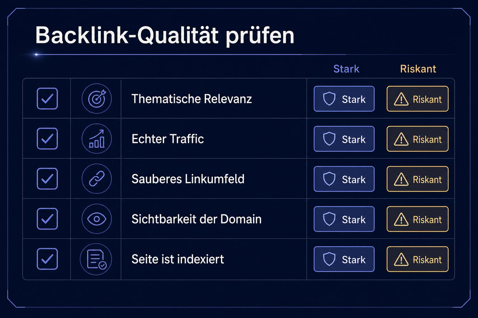 Checkliste zur Prüfung der Backlink-Qualität: Relevanz, Traffic, Linkumfeld, Sichtbarkeit und Indexierung