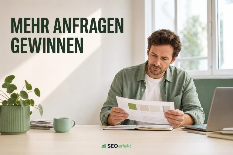 Person am hellen Schreibtisch prüft eine ausgedruckte Auswertung, Headline Mehr Anfragen gewinnen