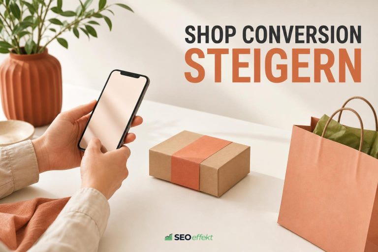 Hände mit Smartphone neben Paket und Einkaufstüte, Headline Shop Conversion steigern