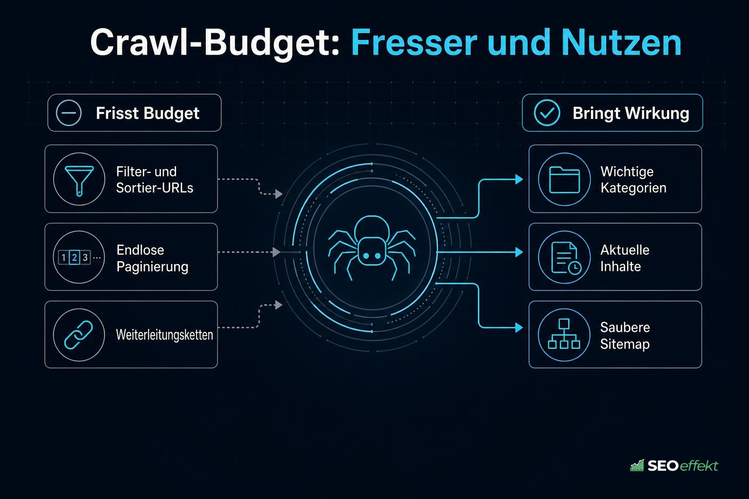 Gegenüberstellung von Crawl-Budget-Fressern und sinnvollen Zielen
