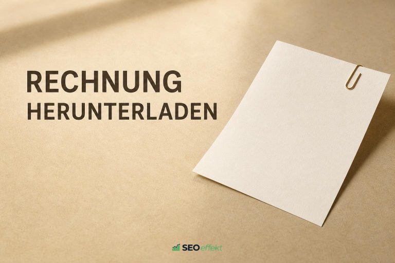 Ausgedruckte Rechnung auf sandfarbenem Untergrund neben der Headline Rechnung herunterladen