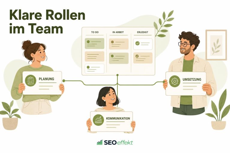 Drei Teammitglieder mit Rollenkarten für Planung, Kommunikation und Umsetzung