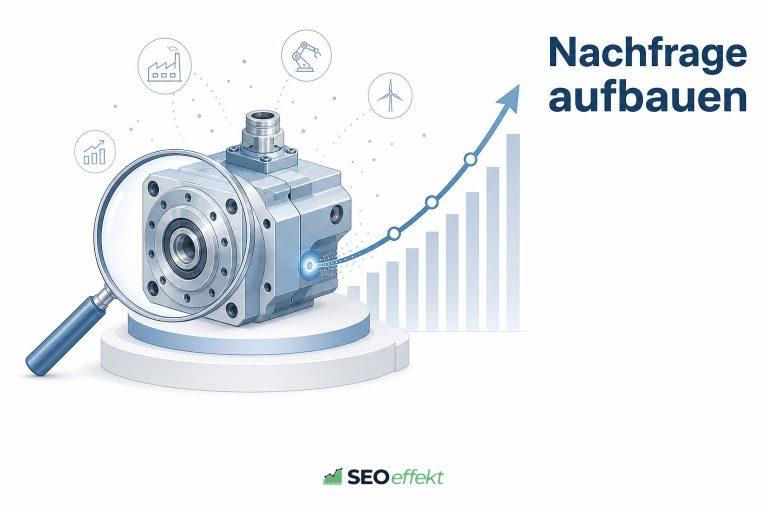 Technisches Nischenbauteil mit Lupe und steigender Nachfragekurve