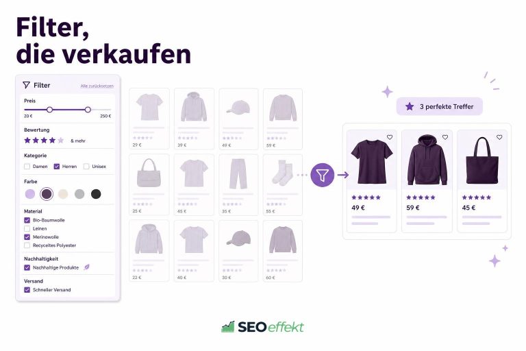 Filterpanel im Onlineshop reduziert viele Produkte auf drei passende Treffer