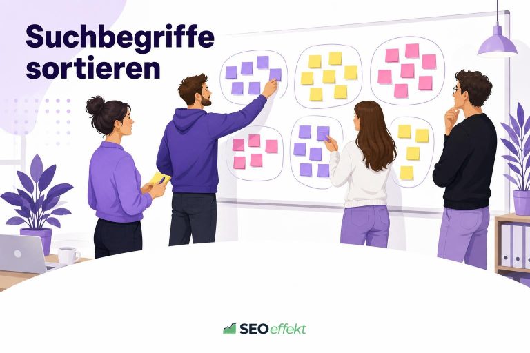 Startup-Team sortiert Keyword-Karten an einem Whiteboard