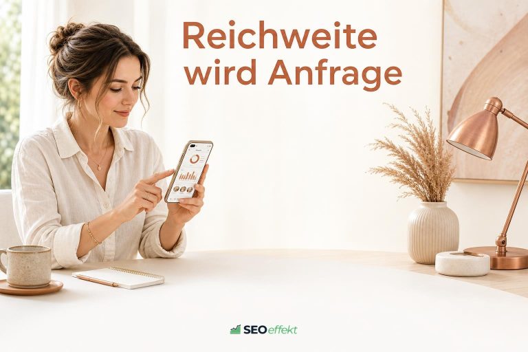 Selbstständige prüft am Smartphone, welche Beiträge Anfragen bringen