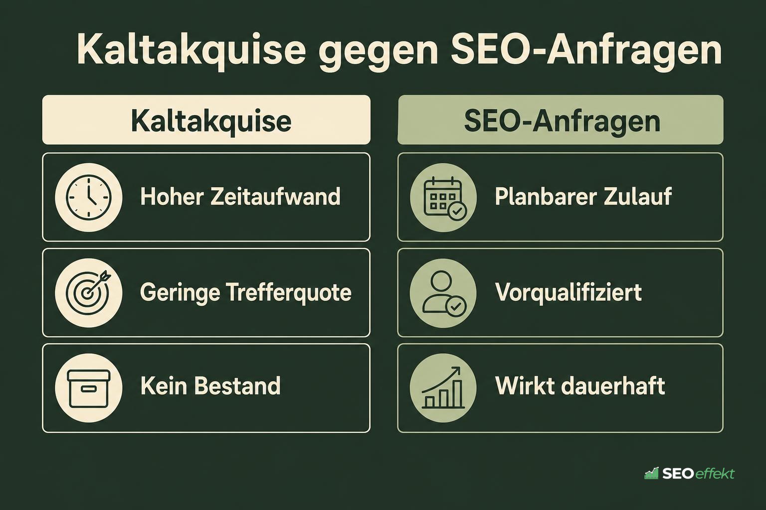 Vergleich von Kaltakquise und SEO-Anfragen in zwei Spalten