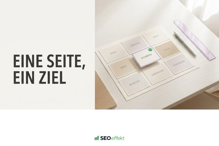 Heller Schreibtisch mit einer Tabelle, die Suchbegriffe einzelnen Landingpages zuordnet