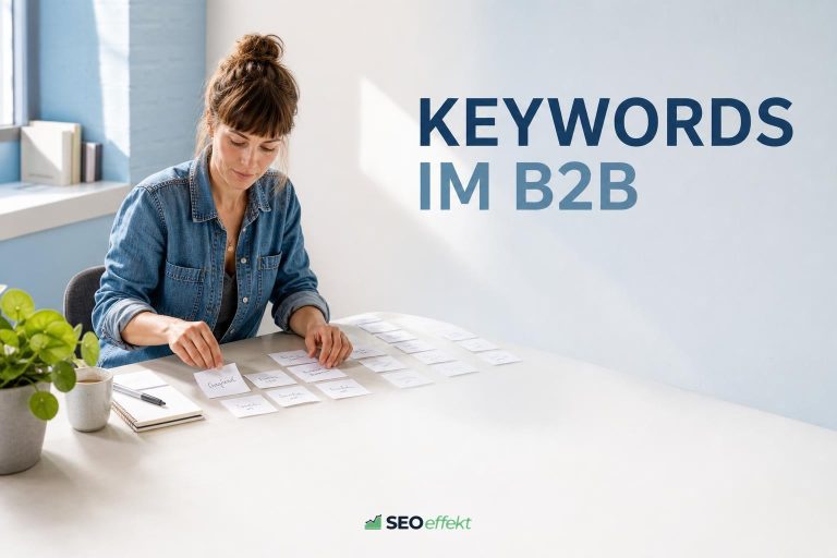 Zwei Personen analysieren B2B-Keywords am Bildschirm
