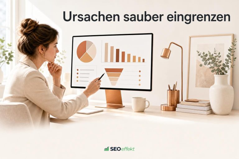 Beraterin prüft Ursachen ausbleibender Rankings am Monitor