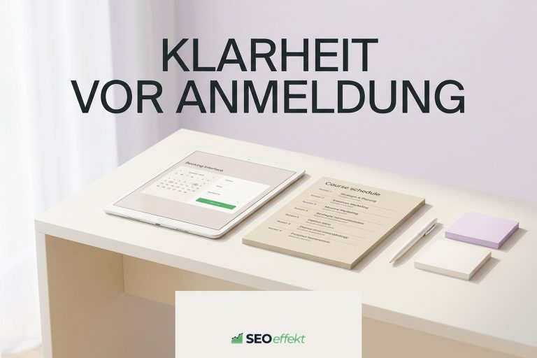 Heller Schreibtisch mit Kursplan und Anmeldeformular auf einem Tablet