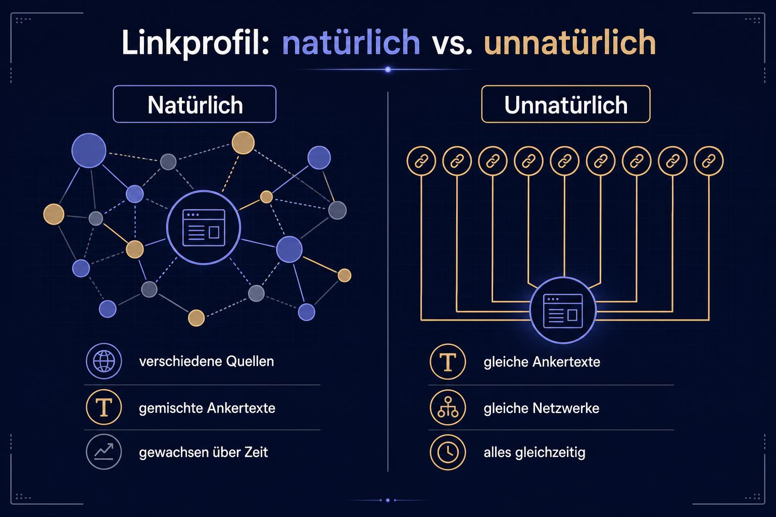 Vergleich eines natürlich gewachsenen Linkprofils mit einem unnatürlichen Linkprofil aus gleichartigen Quellen
