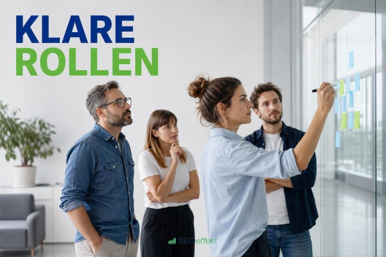 Marketing-Team bespricht Zuständigkeiten an einer Glaswand