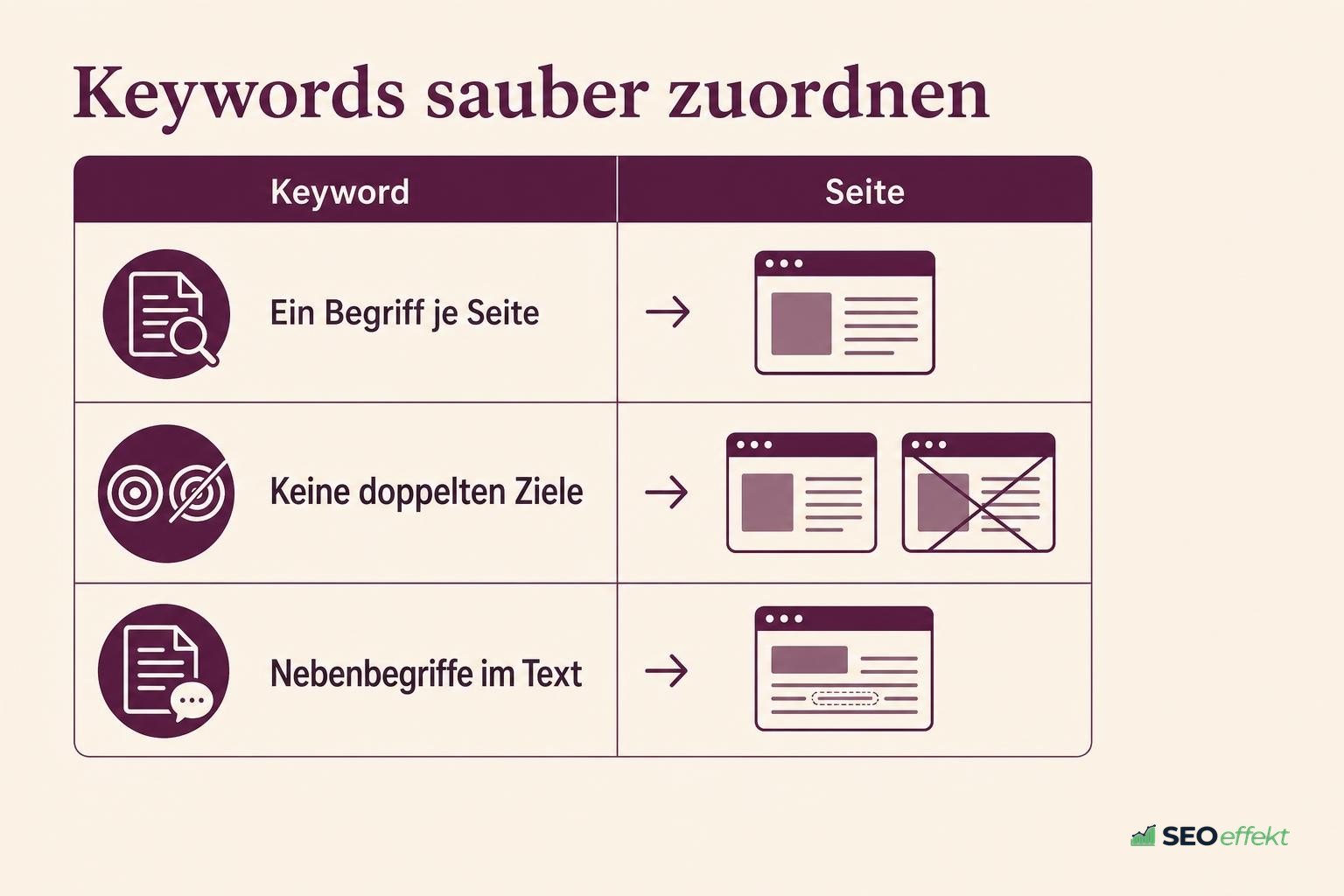 Tabelle zur Zuordnung von Keywords zu einzelnen Seiten