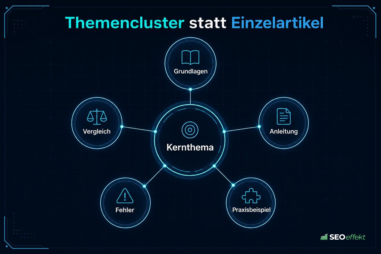 Themencluster mit Kernthema und fünf Unterseiten