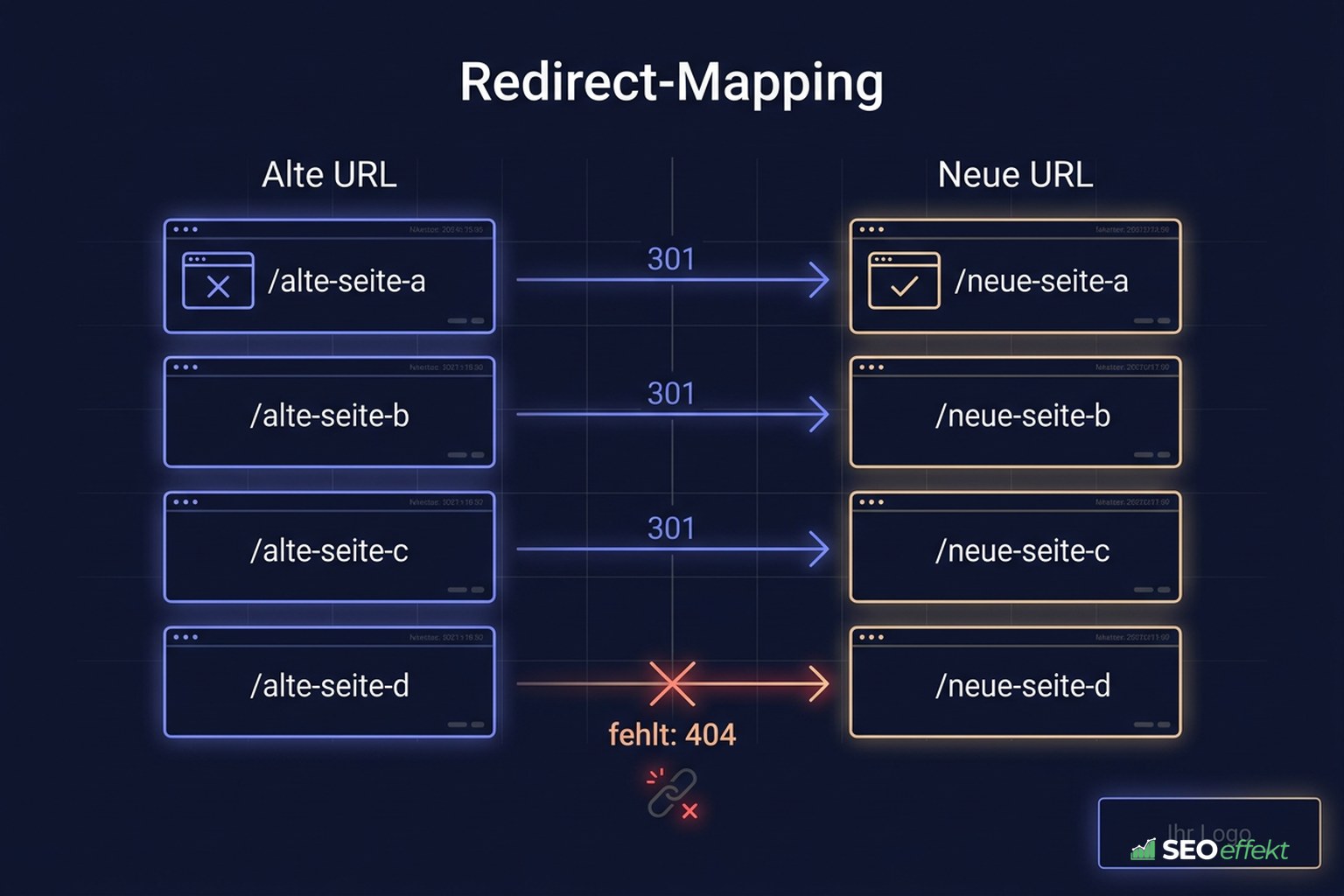 Diagramm eines Redirect-Mappings von alten auf neue URLs beim Relaunch