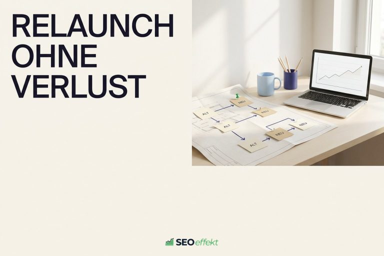 Heller Schreibtisch mit Migrationsplan, der alte und neue URLs eines Website-Relaunchs verbindet