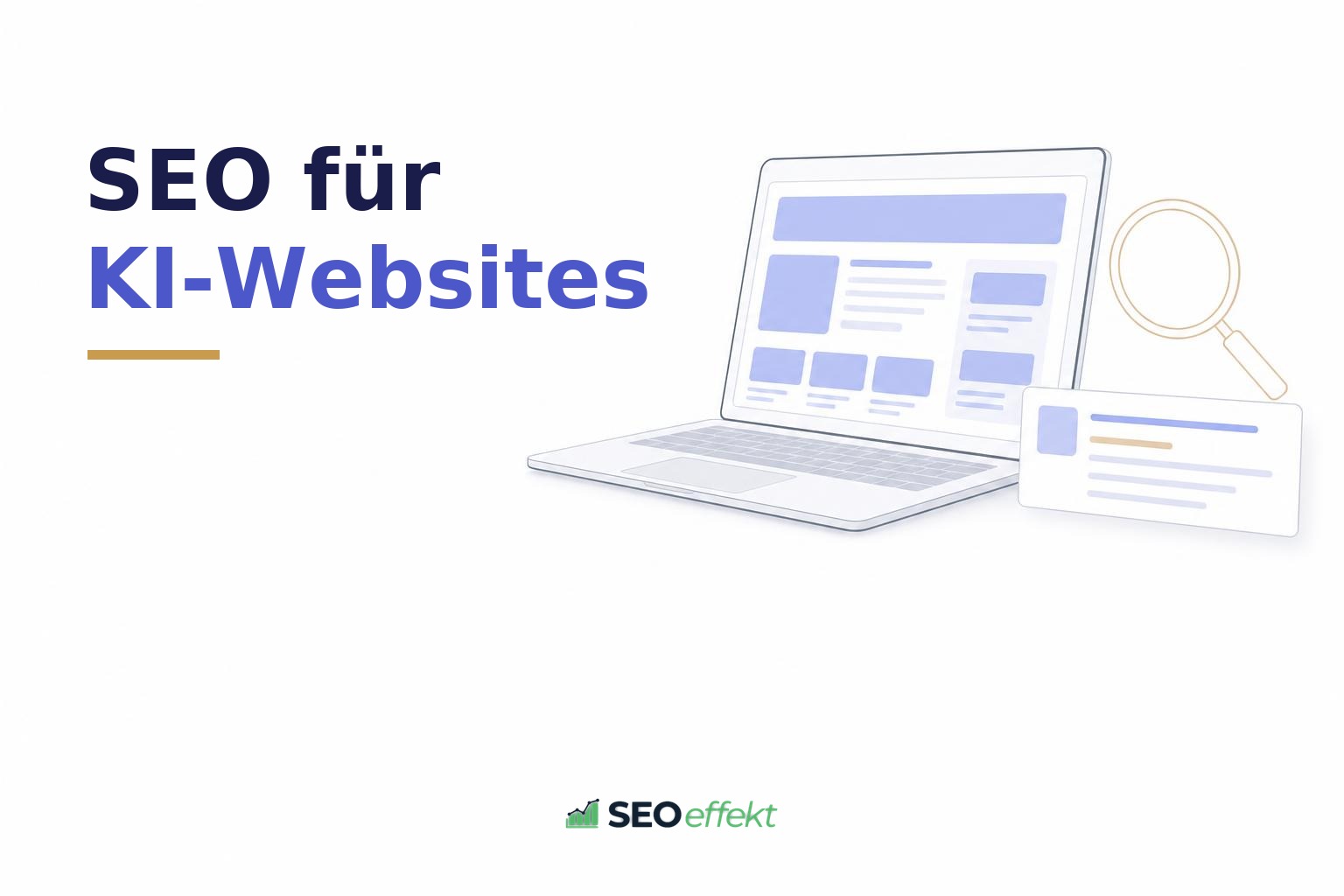 Helle Illustration mit Laptop, Website-Wireframe und Lupe zum Thema SEO für KI-Websites