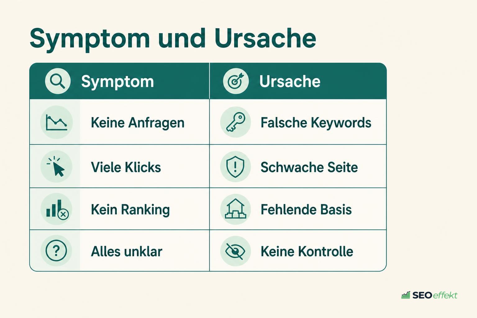 Tabelle mit Symptomen fehlender SEO-Strategie und ihrer Ursache