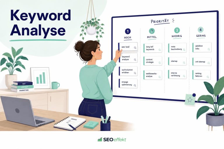 SEO-Verantwortliche priorisiert Keywords an einer Übersicht