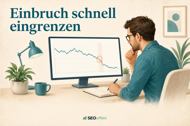 SEO-Verantwortlicher grenzt einen Ranking-Einbruch am Bildschirm ein