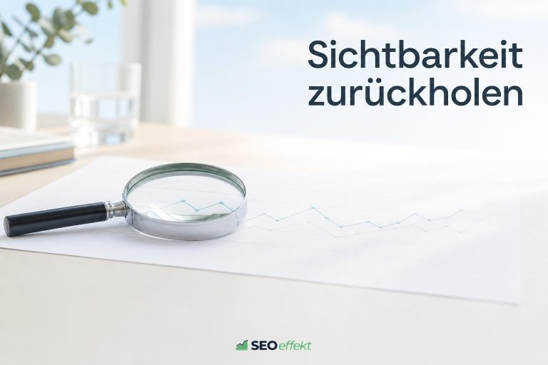 Lupe auf einem Blatt mit Verlaufskurve auf hellem Schreibtisch, Bildtitel: Sichtbarkeit zurückholen