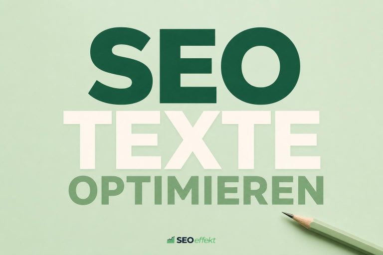 Typografische Komposition SEO Texte optimieren mit Bleistift auf pastellgrünem Grund