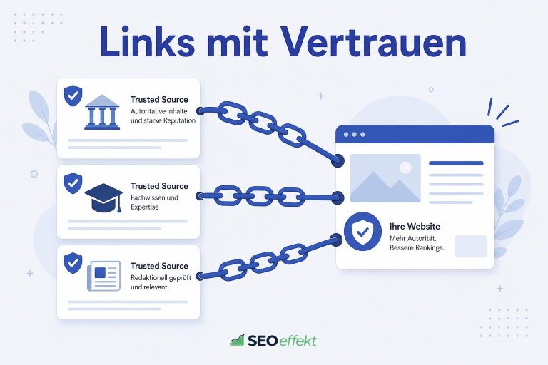 Illustration: drei vertrauenswürdige Quellen verlinken auf eine Website