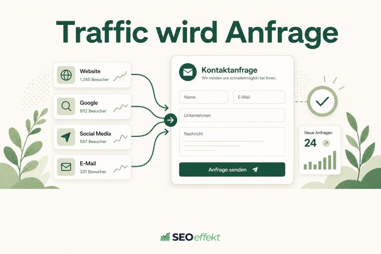 Illustration: Besucherströme aus Website, Google, Social Media und E-Mail laufen in ein Kontaktformular zusammen