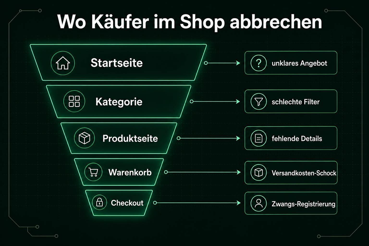 Funnel mit den typischen Abbruchgründen je Shop-Stufe von der Startseite bis zum Checkout