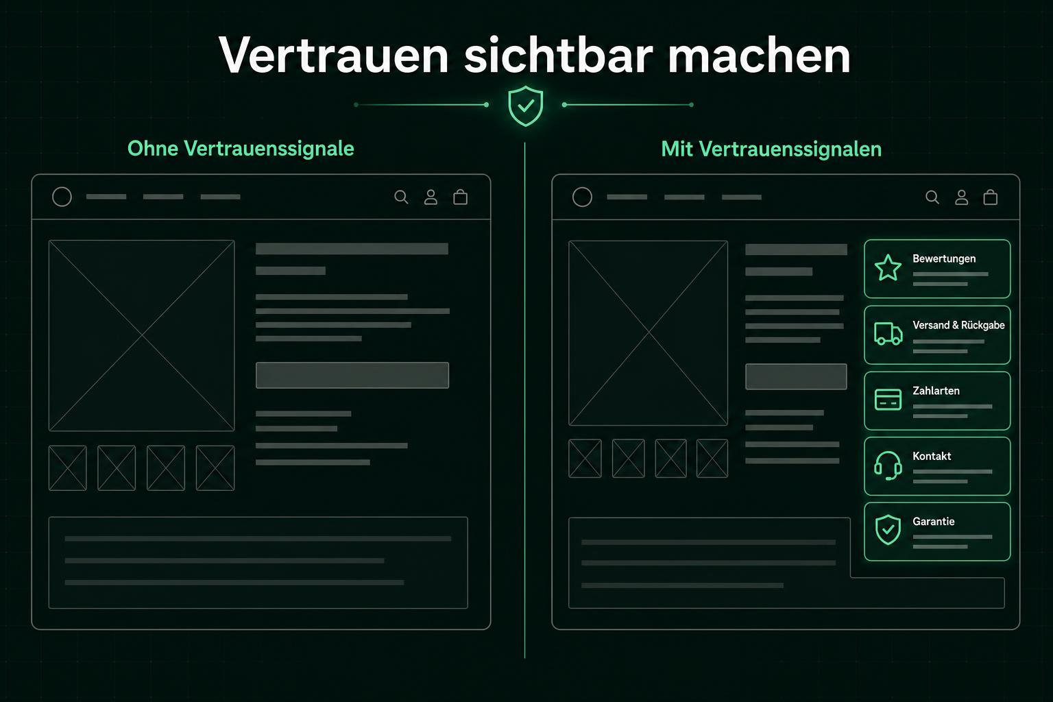 Produktseite ohne und mit Vertrauenssignalen wie Bewertungen, Versandinfos, Zahlarten, Kontakt und Garantie