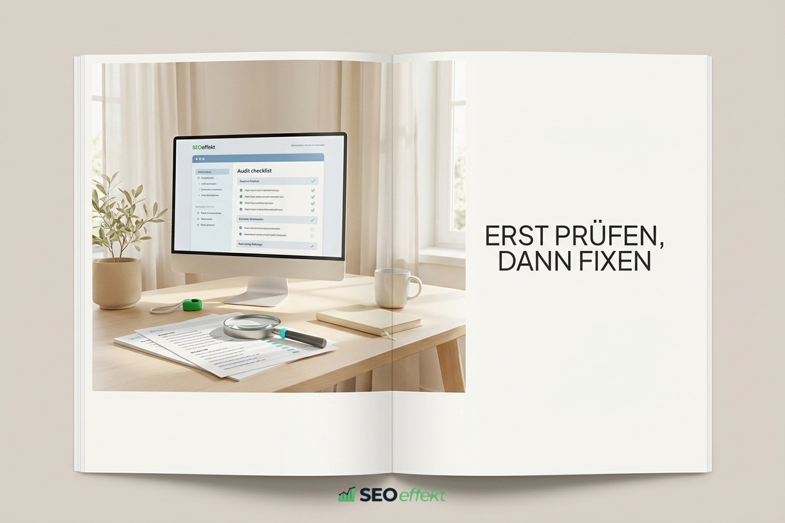 Heller Arbeitsplatz mit Audit-Checkliste zur Analyse technischer SEO-Probleme