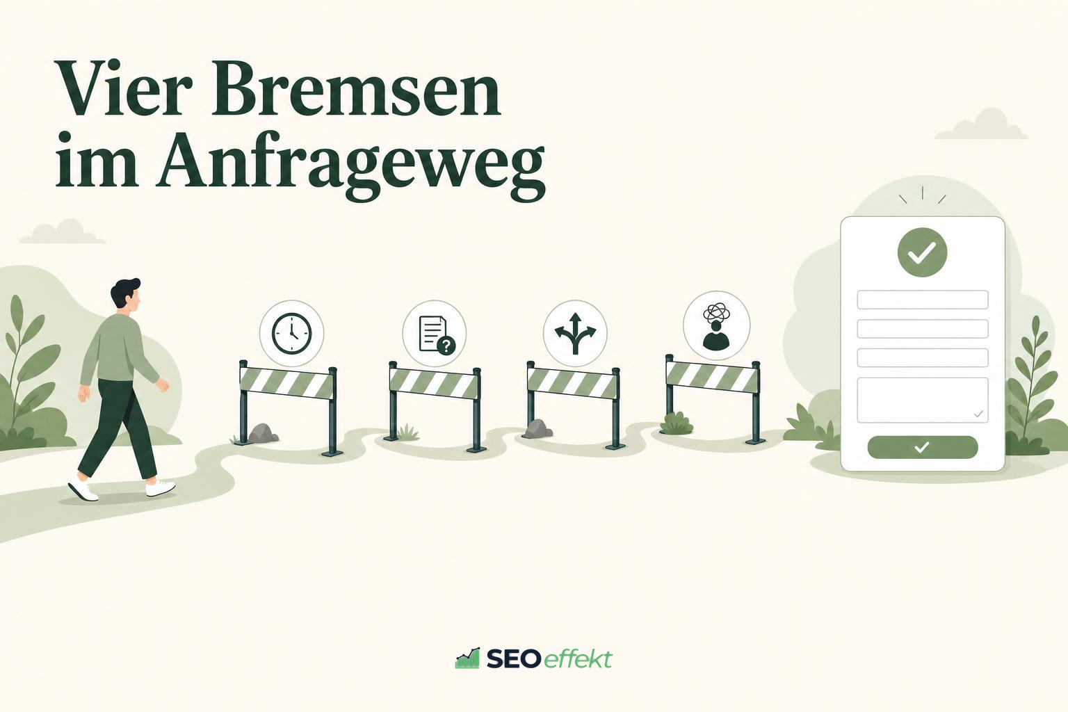 Editorielle Illustration zu vier Bremsen im Anfrageweg einer Website