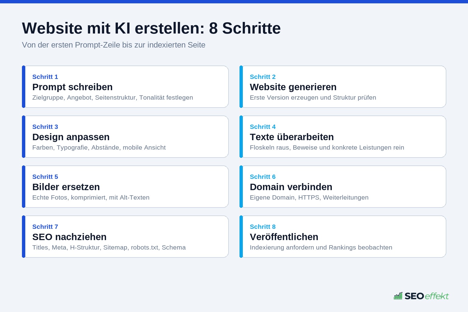 Acht Schritte, um eine Website mit KI zu erstellen, von Prompt schreiben bis Veröffentlichen