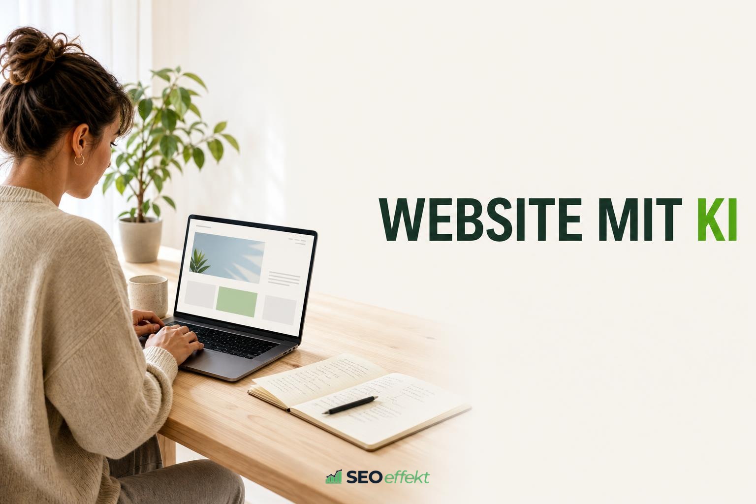 Frau erstellt am Laptop eine Website mit KI, Bildtitel Website mit KI
