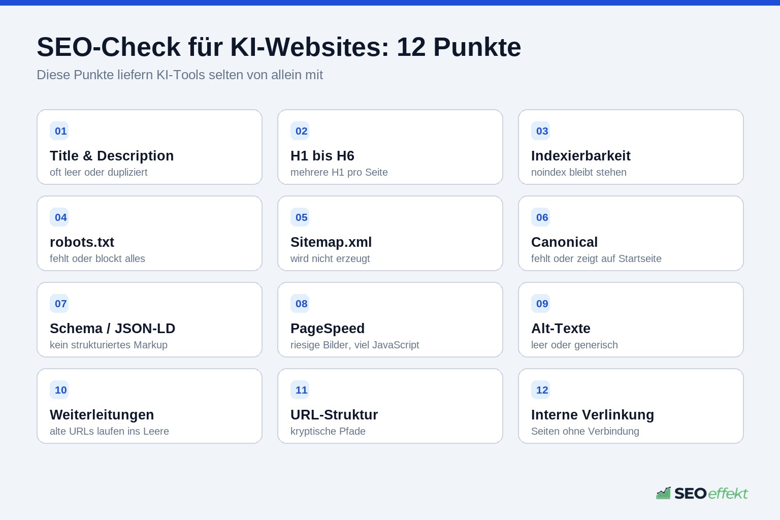SEO-Checkliste mit zwölf Prüfpunkten, die KI-Website-Tools häufig auslassen