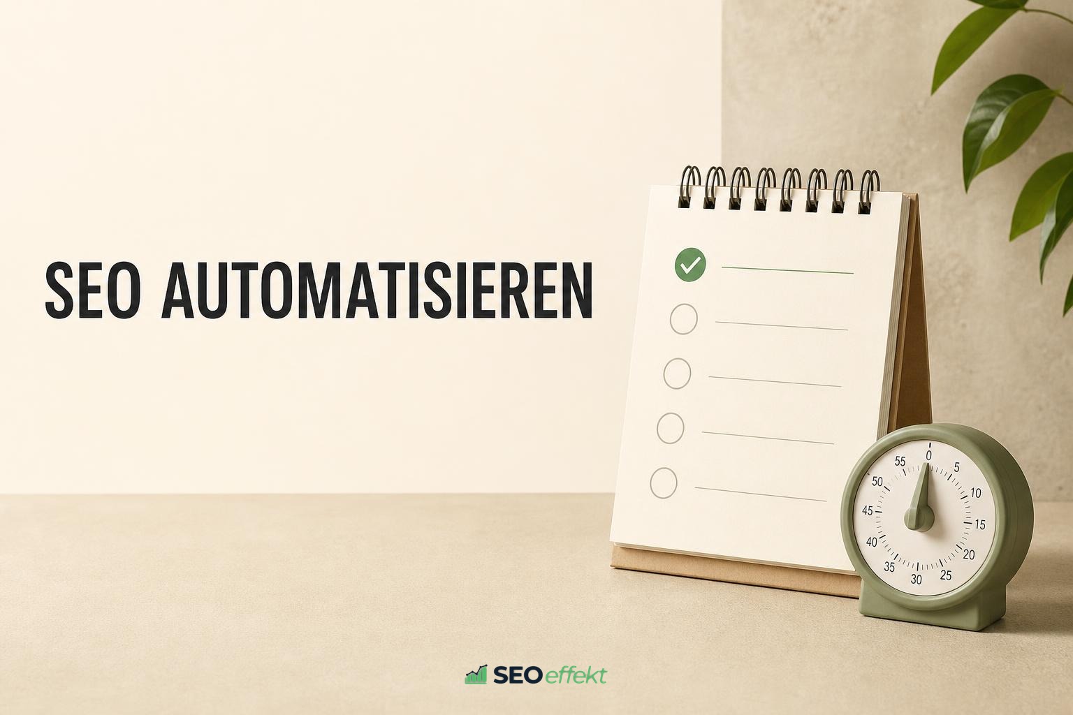 Beitragsbild zum Thema SEO automatisieren: Checkliste und Timer auf hellem Schreibtisch