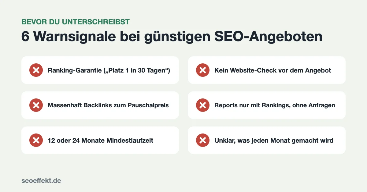 SEO Kosten Checkliste: 6 Warnsignale bei günstigen SEO-Angeboten